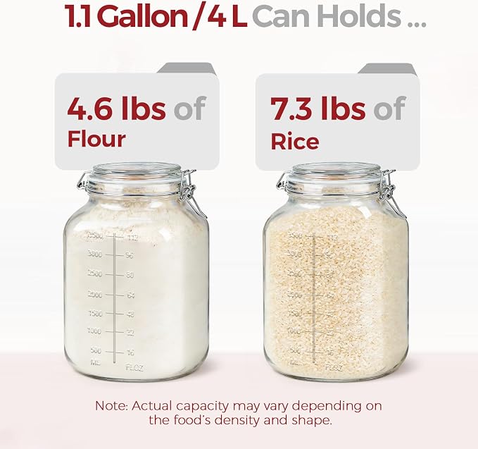 Large Glass Jars with Airtight Lids 1.1 Gallon 2 Pack Flour Jar | Wide Mouth, Scoop Included, Flour Sugar Storage Containers,Baking Supplies,Leak Proof,BPA-Free,Pantry Organization, Pickling