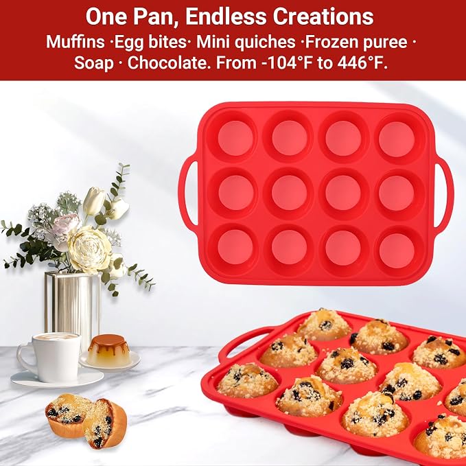 Redfly Silicone Muffin Pans for Baking 12 Cup with Metal Reinforced Frame, Nonstick 2Pack Regular Size Cupcake Pan, BPA Free Food Grade, Easy Release, Dishwasher Oven Freezer Safe for Egg Bite Molds