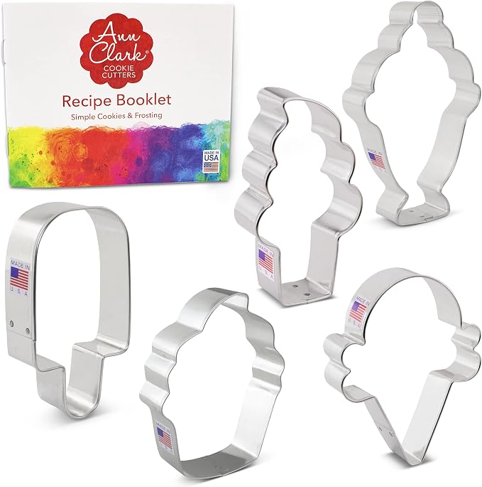 Ice Cream and Sweets Birthday Cookie Cutter 5-Pc Set Made in USA by Ann Clark, Ice Cream Cone, Soft Serve Cone, Popsicle, Ice Cream Sundae
