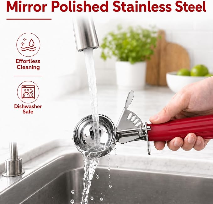 1.33oz Ice Cream Scoop with Trigger #24 - Stainless Steel Cookie Scoop for Baking, Portion Scoop for Cookie Dough, Cupcake, Mashed Potatoes - Easy Portion Control, Comfortable Non-Slip Handle (Red)