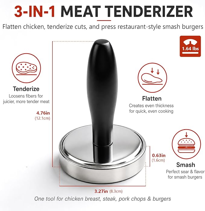 Meat Pounder Tenderizer, Solid Stainless Steel Meat Flattener & Smash Burger Press, Heavy-Duty Round Base Flattens Chicken, Steak, Pork Chops, and Smash Burgers with Less Effort