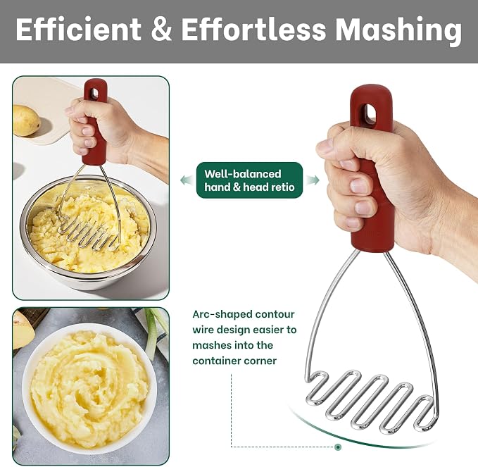 Beneno Thickened Reinforced Stainless Steel Wire Potato Masher, Ergonomic Non-Slip Grip Handle for Effortless Mashing, Rust-Proof & Dishwasher Safe Sturdy Kitchen Tool, Ideal Gift, Red