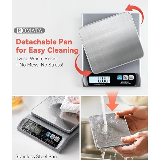 BOMATA 0.1g/ 13lb Food Scale, Digital Kitchen Scale with Removable Stainless Steel Pan, Backlit LCD Display, for Cooking, Baking B621 Grey