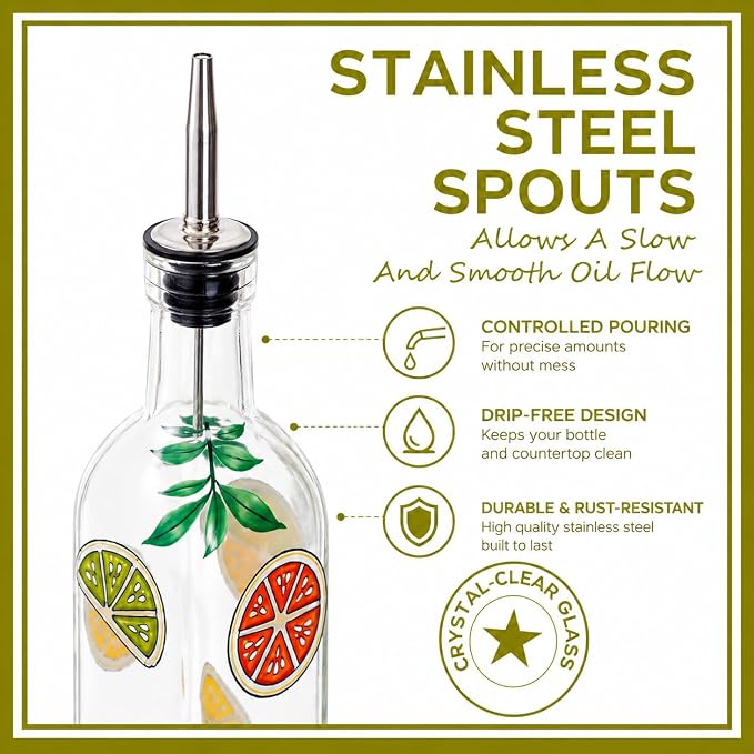 17oz Hand Painted Glass Olive Oil Bottle - 500ml Green Oil & Vinegar Cruet with Pourers - Olive Oil Carafe Decanter for Kitchen (Fruit)