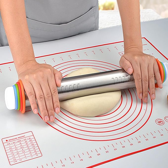Adjustable Thickness Rings Rolling Pin & Silicone Baking Pastry Mat Set-Red | Stainless Steel Dough Roller,Baking Supplies for Cake Pop Cookie Fondant Pizza Cake Pasta