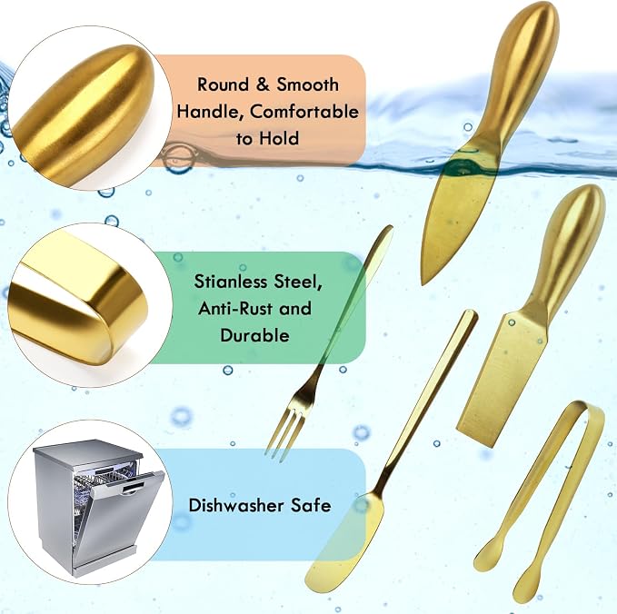 18 pieces Charcuterie Board Accessories, Gold Stainless Steel Cheese Knives, Butter Knife Spreader, Appetizer Forks, Mini Serving Tongs Spoons for Gathering Wedding Birthday...