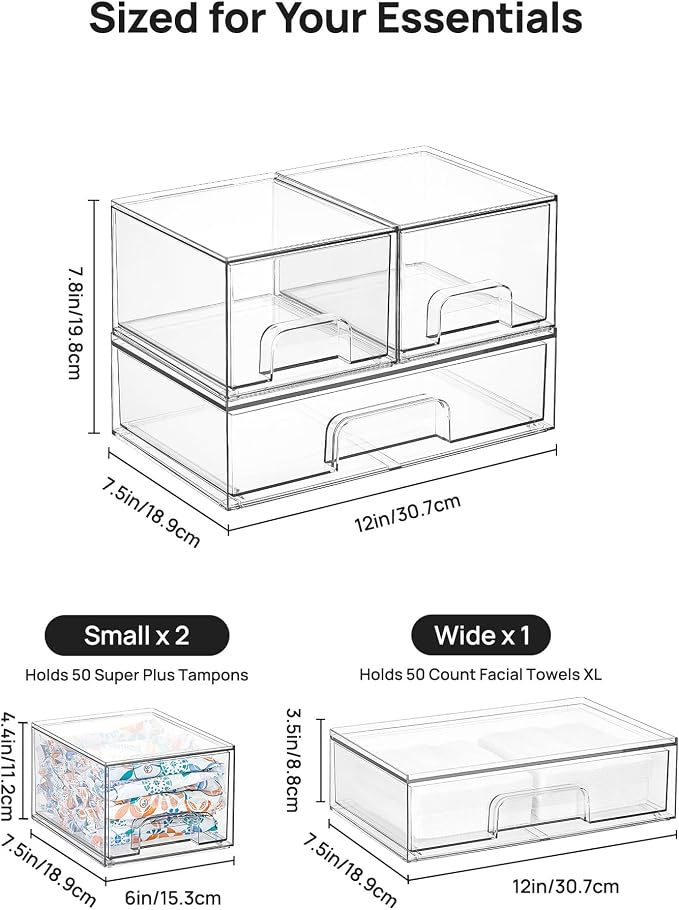 Vtopmart Clear Stackable Storage Drawers Set of 5, Plastic Organizer Bins | Multi-purpose Boxes for Makeup, Beauty Supplies, Ideal for Vanity, Bathroom Countertop, Undersink, Cabinet Organization