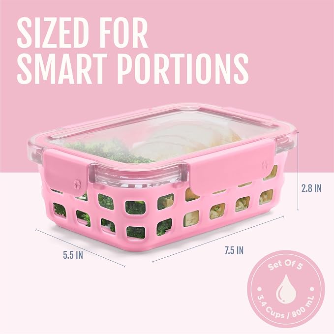 Ello Duraglass 3.4 Cup Glass Meal Prep Containers, 10 Pc, 5 Pack, Meadow | Glass meal prep set with silicone sleeves, leakproof BPA-free lids, microwave and oven safe, freezer and dishwasher safe
