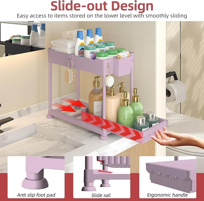 4-Pack 2-Tier Under Sink Organizer with Pull Out Drawers | Multi-use kitchen & bathroom storage. Includes hanging hooks and cups. Pink, space-saving cabinet design. 14.8 Inch