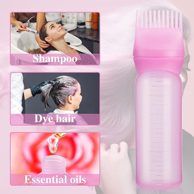 Pimoys 2Pcs 6Oz Root Comb Hair Dye Oil Applicator Bottles For Scalp, Pink | Plastic Squeeze Bottle Dispenser with Graduated Scale, Comb Tip Applicator For Hair Coloring Scalp Oiling, Home Salon Use