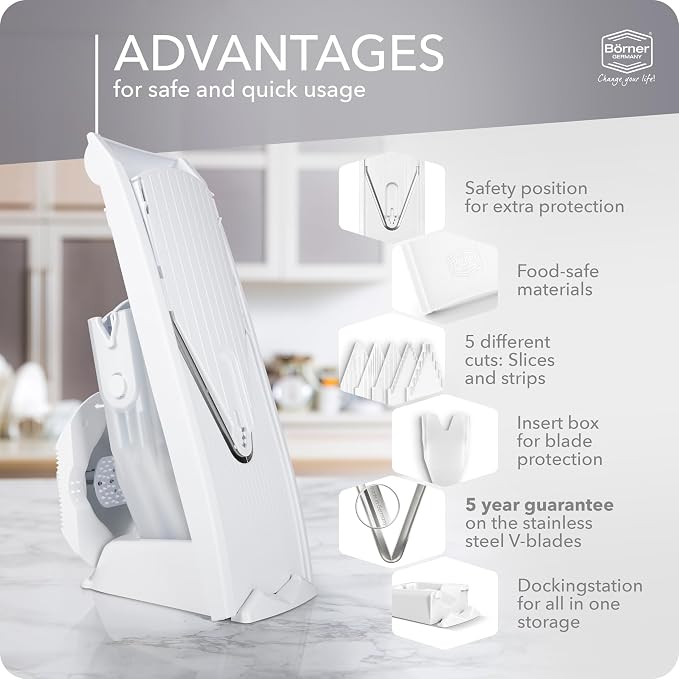 Börner Mandoline Slicer V1 (Professional Set) • V-Slicer with 4 Inserts, Fruit Holder, Docking Station, Box • Adjustable Vegetable Slicer • Cuts into Slices, Strips & Dices • Color: White