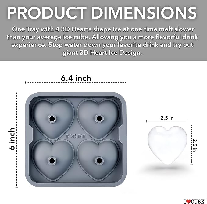 3D Heart Silicone Mold for Ice, Baking, Soap, and Resin | 2.5 Inch Large Heart Shape Cube Tray, Large Big Heart Molds, Chocolate Mold, Craft Ice Cube Mold for Cocktails, Beverages, Iced Tea Coffee