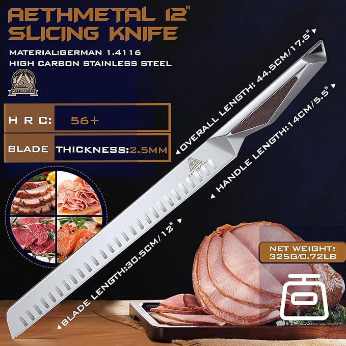 Brisket Slicing Knife, 12 Inch Carving knife - German High Carbon Steel, Full Tang Handle, BBQ Meat Cutter with Ergonomic Grip for Brisket, Beef Roast, Ham & More