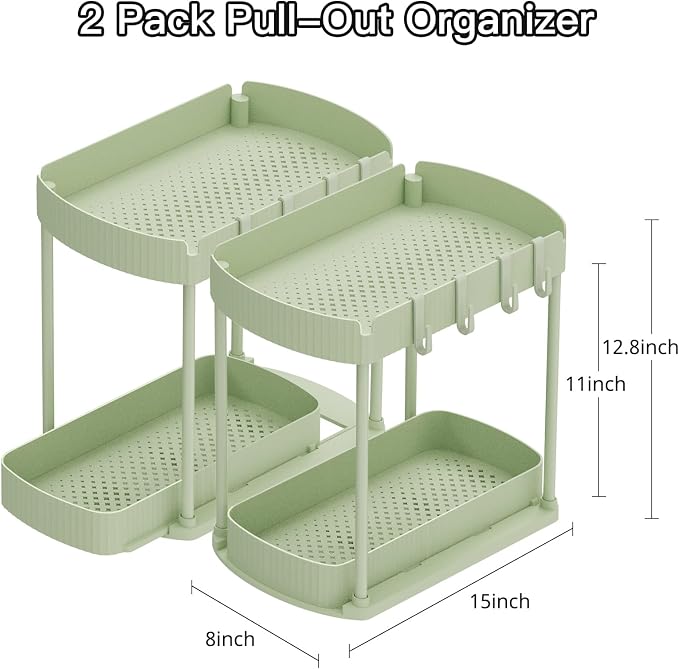 2 Packs Under Sink Pull-Out Storage Organizers, 12.8 Inches, Green | Multi-Purpose Cabinet Organizers and Storage for Bathroom & Kitchen