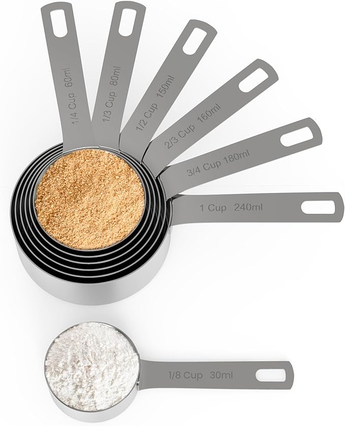 Chef Pomodoro Stainless Steel Measuring Cups, Stackable 7 Pcs Long Handle | Metal Measuring Cups Stainless Steel, Lasered Markings Stainless Measuring Cups Long Handle, Nesting Set with Sorting Ring