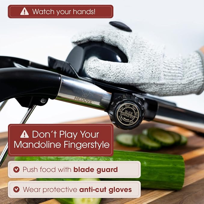 Stainless Steel Mandoline Slicer for Kitchen – 6-Setting Adjustable, 16.5 x 5 In. Platform, Hand Guard, Cut-Resistant Gloves – Vegetable Chopper, Meat Slicer, Cheese Slicer by Medove
