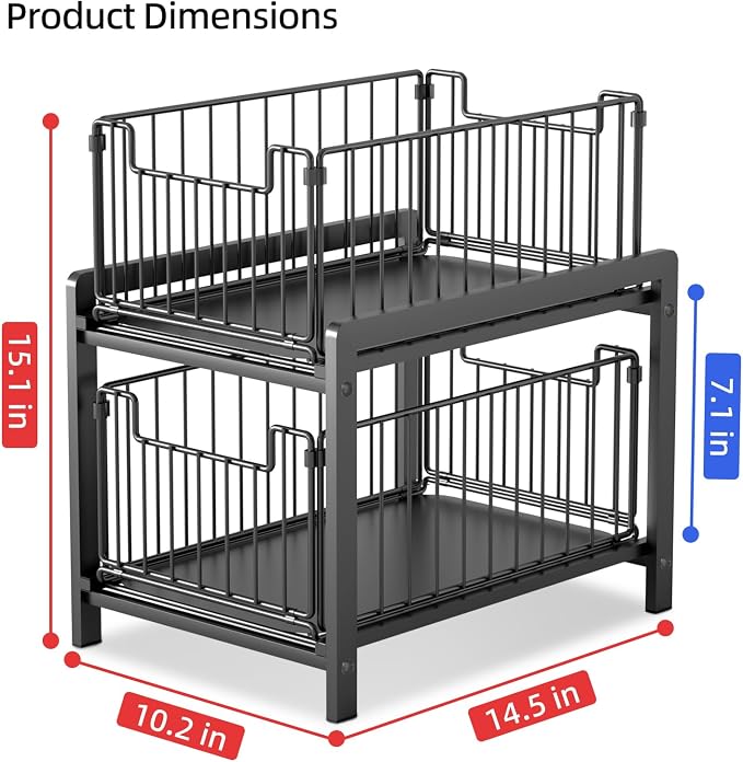 2-Tier Pull Out Cabinet Organizer, Slide Out Under Sink Organizer | Metal Cabinet Baskets with Mesh Sliding Drawer for Home, Office, Bathroom, Kitchen, Pantry Storage Shelf, Large Black