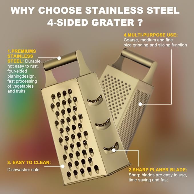 Handheld Cheese Grater Box for Kitchen, Stainless Steel 4 Sided Cheese Grater with Handle for Grinding Shredding & Slicing, Dishwasher Safe (Champagne Gold)