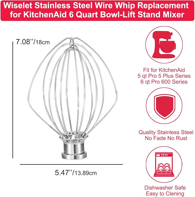 Wiselet Stainless Steel Wire Whip Attachment Compatible with KitchenAid 6 Quart Bowl-Lift Stand Mixer, Food-Grade 18/8 Whisk Replacement for KP26, KSM55, KV25, KT26, Dishwasher Safe, Heavy Duty
