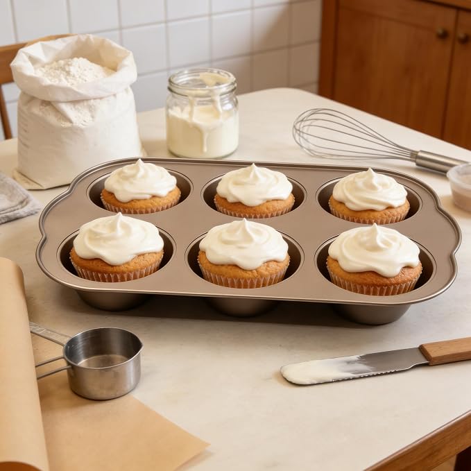 Non-Stick Jumbo 3.5" 6-Cup Muffin Pans, Set of 2(Gold) | Carbon Steel, Long Handle for Large Muffin & Cupcakes