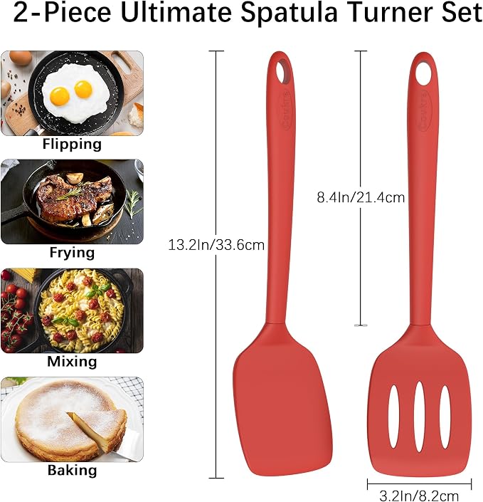 Coukre 2 Pack Silicone Spatula Set, High Heat Resistant, BPA Free Kitchen Spatula, Solid & Slotted Turner for Non-Stick Pans, Sautéing, and Flipping (2, SolidRed)