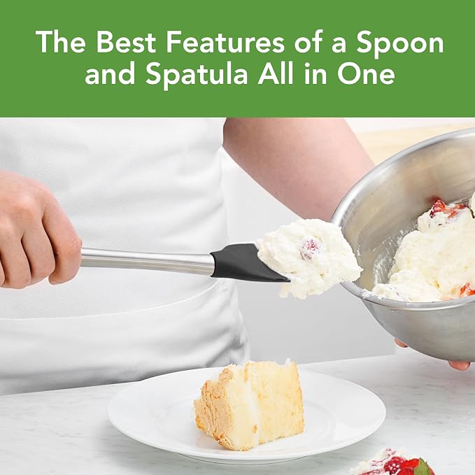 Tovolo Spoon Spatula Spoonula with Stainless Steel Handle Ergonomic Grip Black, Silicone Scoopula Kitchen Utensil Non Scratch Easy Clean Dishwasher Safe Heat Resistant Flex Core Scoop Spatula