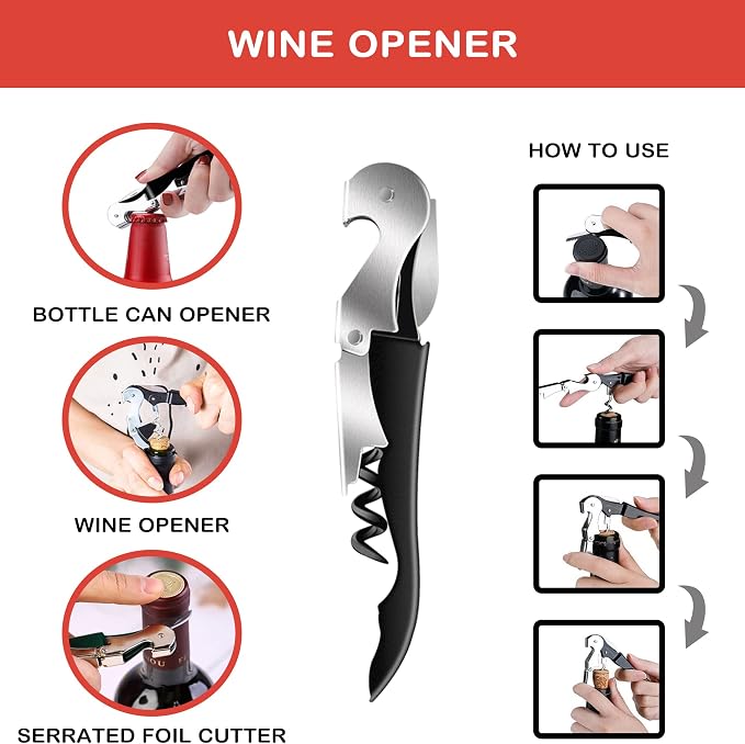 Jar Opener for Weak Hands, Seniors with Arthritis, 5 in 1 Multi Function Bottle Opener Lid Opener For Arthritic Hands with Non Slip Rubber Jar opener Gripper Pad and Corkscrew Wine Opener(RED)