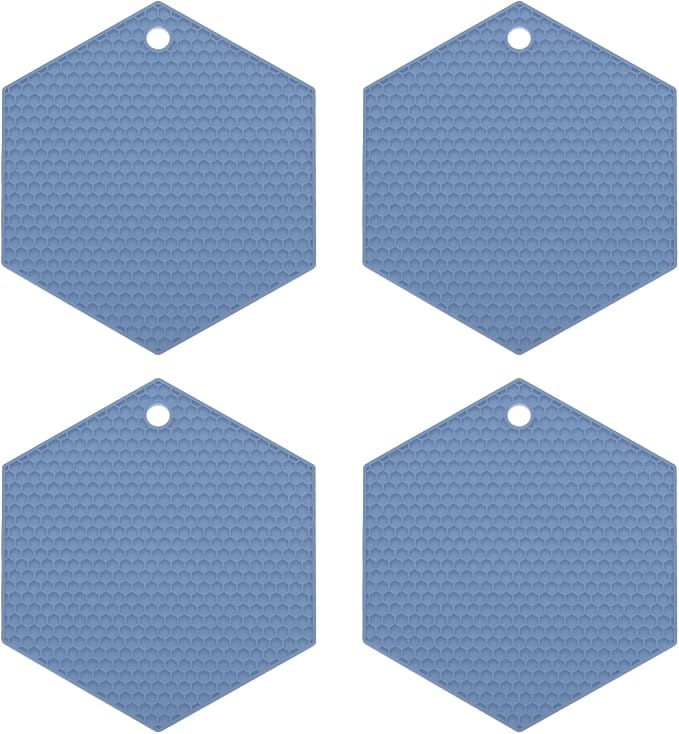 uxcell 4pcs Silicone Trivet Mats Heat Resistant Silicone Pot Holders for Hot Pots and Pans, Non-Slip Hot Pads for Kitchen Hot Dishes Table Countertops, Light Blue(Hexagonal)