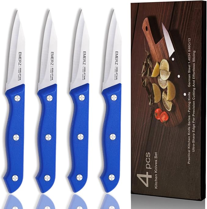 Paring Knives Set of 4,Stainless Steel Paring Knife,Ergonomic PP Triple Rivet Handle,3.5inch,Sharp Small Knife Set for Peeling Coring Cutting,Pairing Knives for Fruit,Blue