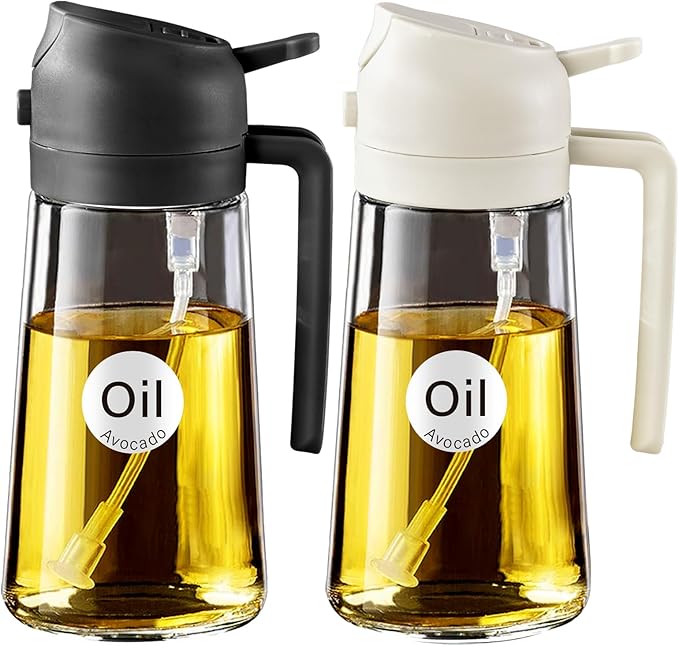 YARRAMATE 2Pcs 16oz/470ml 2 in 1 Oil Sprayer for Cooking with Stickers, Food-grade Glass Oil Spray Bottle, Oil Dispenser and Oil Sprayer for Kitchen, Salad, Frying, BBQ (White &Black) | Food-grade dispenser bottle, 470 ml, spray and pour, portion contr...