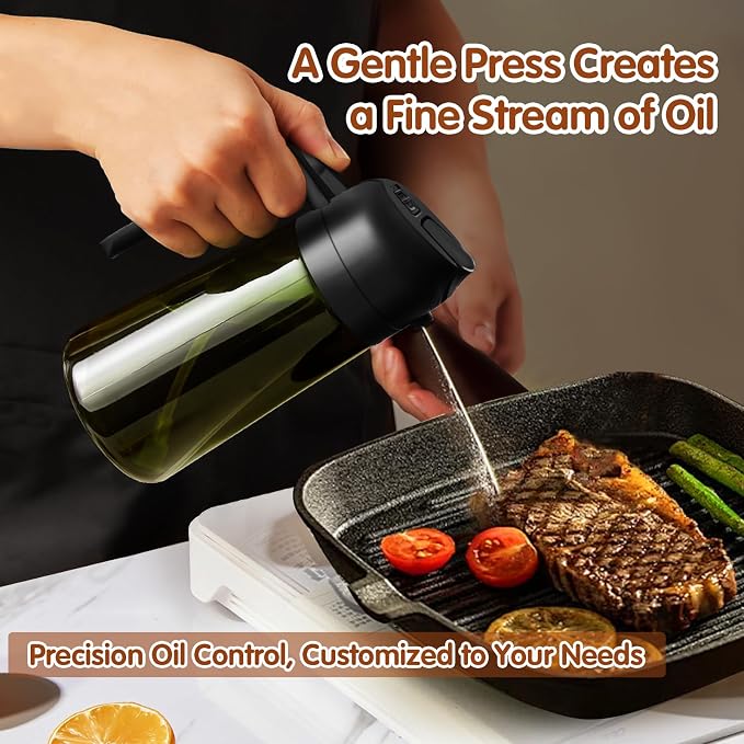 YARRAMATE 16oz/470ml 2PCS Light Blockage Dark Oil Sprayer for Cooking, 2 in 1 Olive Oil Dispenser Bottle for Kitchen, Green Glass Oil Bottle, Food-Grade Oil Mister for Air Fryer, BBQ (Black & White)