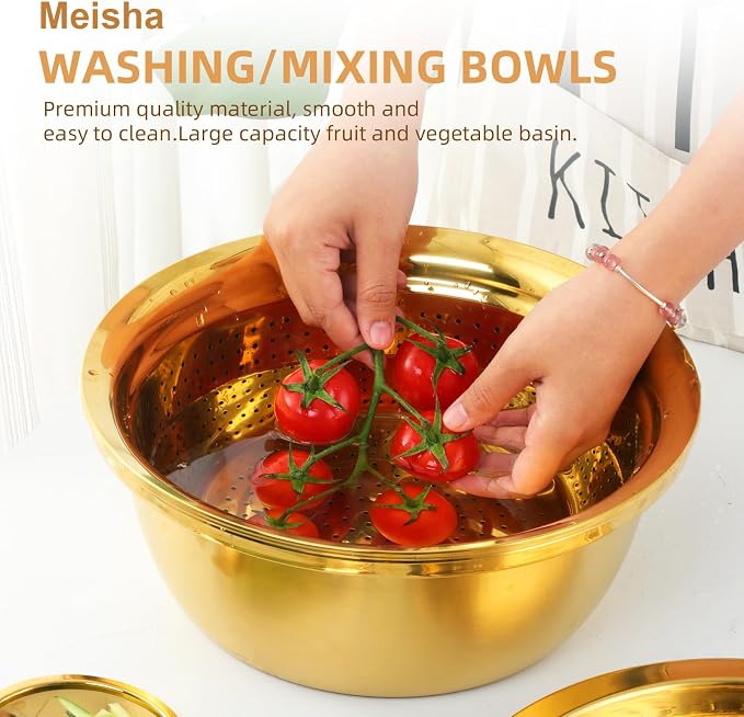 Meisha Colander, 3Pcs Stainless Steel Kitchen Tool 3 in 1 Drain Basket Fruit and Vegetable Cutter Strainer Bowl Set Drain Pot Basket Grater for Fruits Vegetables Rice Washing Mixing, - Iridescent