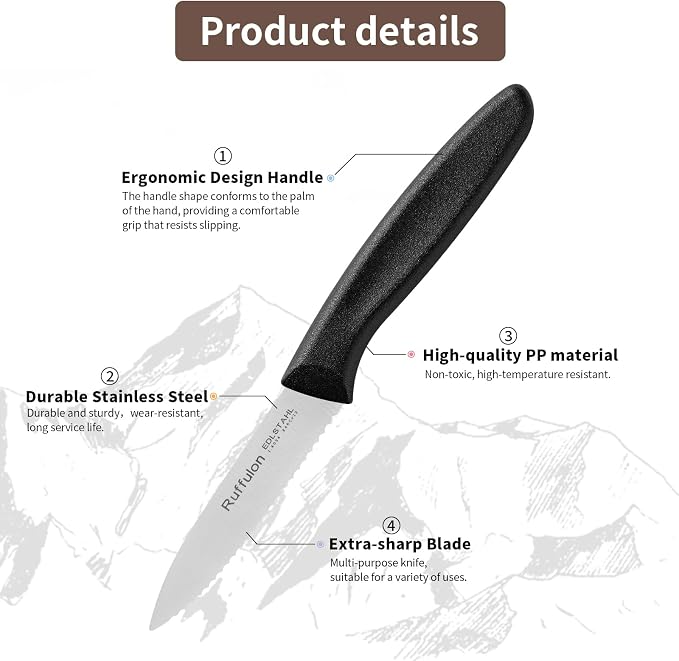Stainless Steel Paring Knife With Serrated Blade, 6 Pieces Set Vegetable and Fruit Knife, Ultra Sharp Small Kitchen Knife, Black Paring Knifves with PP Plastic Ergonomic Handle.