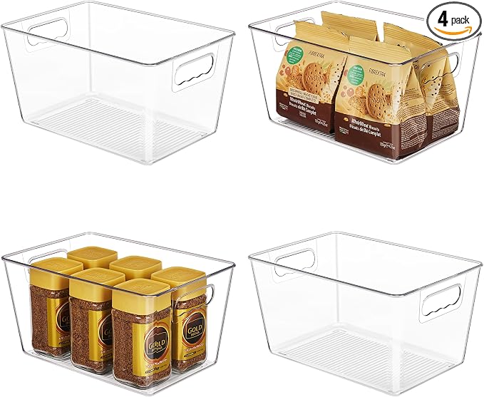 YIHONG Clear Plastic Storage Organizer Bins, 4 Pack Pantry Food Storage Bins with Handle for Kitchen,Refrigerator, Freezer,Cabinet Organization and Storage | Plastic Bins, Pantry Storage Containers for Kitchen, Freezer, Cabinet, Closet, Bathroom, Under...