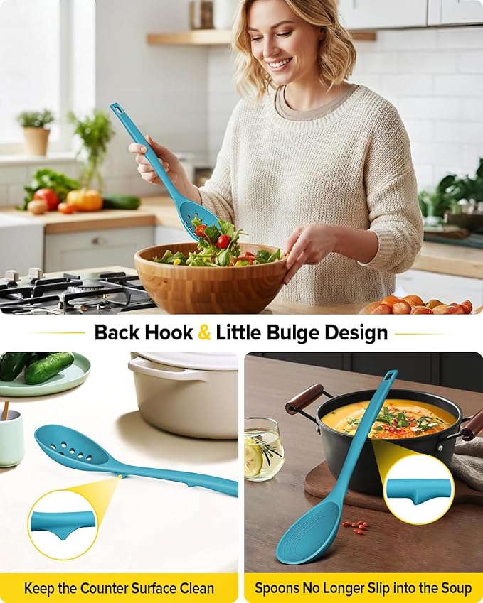 Pack of 2 Silicone Cooking Spoons, Non Stick Solid Kitchen Spoon with Measuring Marks & Back Hooks, Heat Resistant Silicone Slotted Spoon for Cooking, Mixing, Stirring,Serving (BLUE)