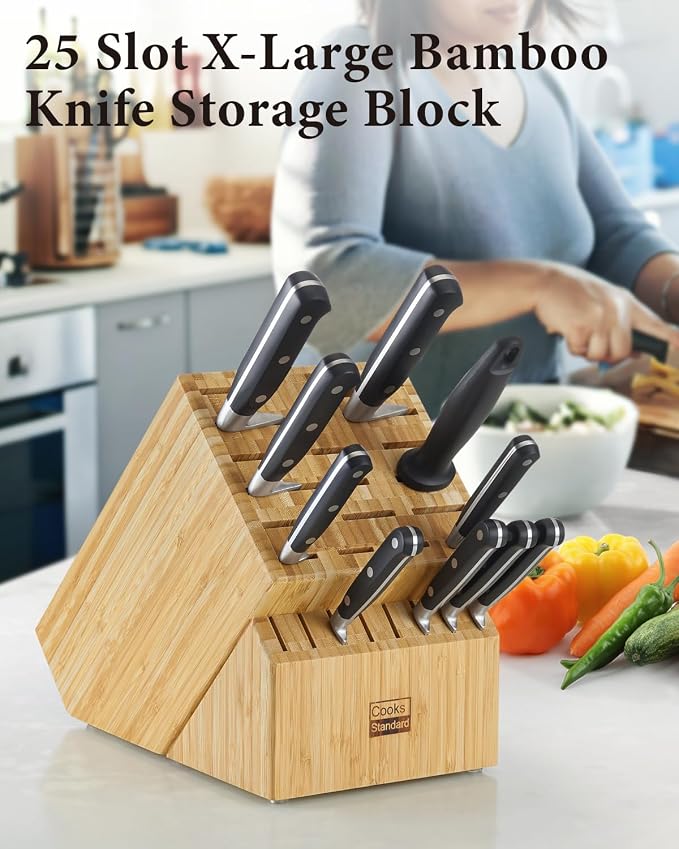 Cooks Standard Classic Bamboo Cutlery Block Holder without Knives, X-Large Universal Countertop Butcher Block Kitchen Knife Stand for Easy Kitchen Storage, Made of Natural Bamboo, 25 Slot