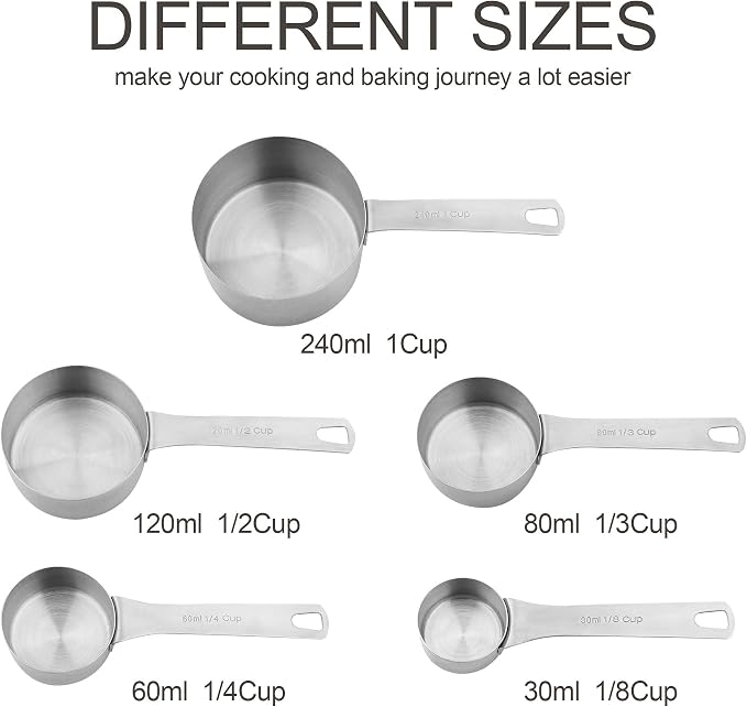 Measuring Cups Set 5, 18/8 (304) Stainless Steel Measuring Cups Set for Baking & Kitchen, Dry & Liquid Metric & US Measure Cup with 1/8 Cup & 1/3 Cups