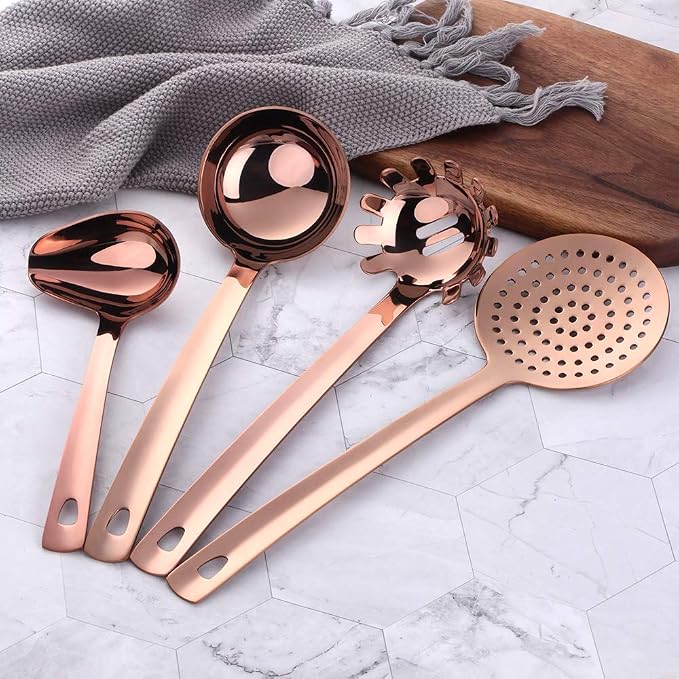 12 Pcs Cooking Utensil Set, Stainless Steel Rose Gold Titanium Plated Cookware Sets with Public Fork/Spoon, Cake Shovels, Spatula, Ladles, Solid Spoon, Slotted Spoon, Pasta Server, Kitchen Tool Gadget