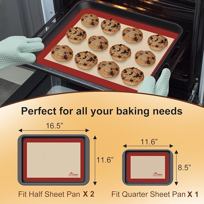 HOTEC Silicone Baking Mats 3 Pack – Thickened Non-Stick Reusable Silicone Baking Sheets for Oven – Cookie & Macaron Mats – 2 Half Sheet + 1 Quarter Sheet – BPA-Free, Dishwasher Safe