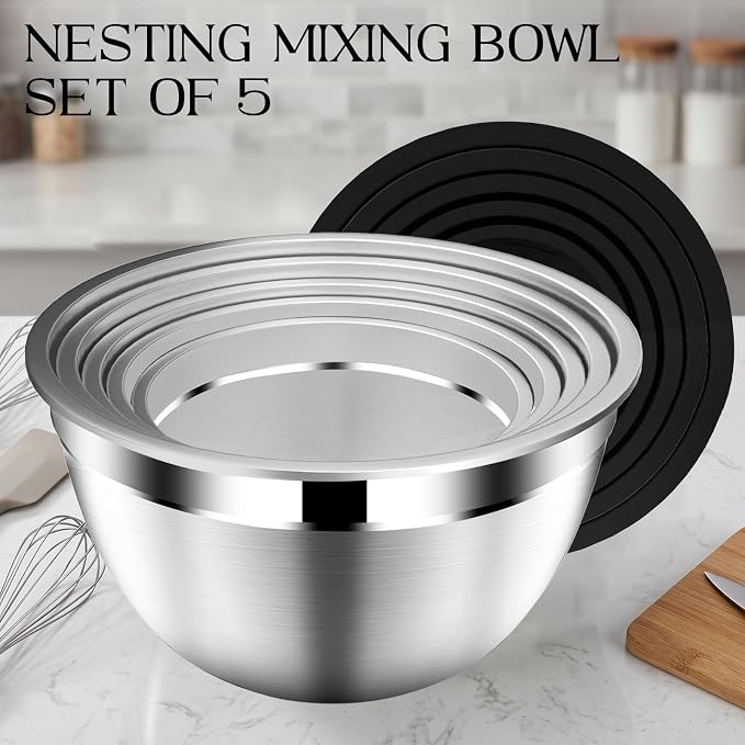 DUTZUN Stainless Steel Mixing Bowls with Airtight Lids Set of 5, Black | Kitchen Appliances Essential Gifts for Mixing, Baking, Prep, Salads, Serving, Cooking