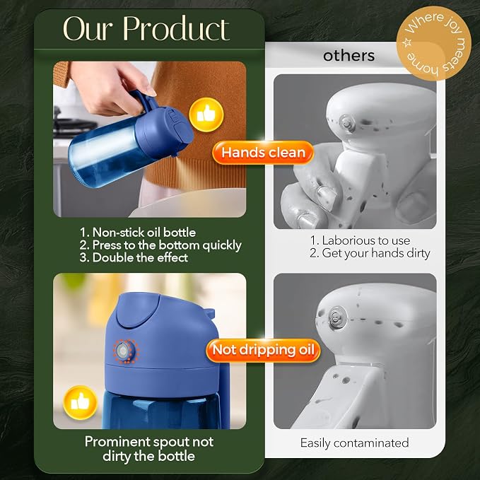 YARRAMATE 16oz/470ml Light-Blocking Dark Oil Sprayer for Cooking (Navy) | 2 in 1 Olive Oil Dispenser Bottle for Kitchen, Premium Blue Glass Oil Bottle, Food-Grade Oil Mister for Air Fryer, BBQ