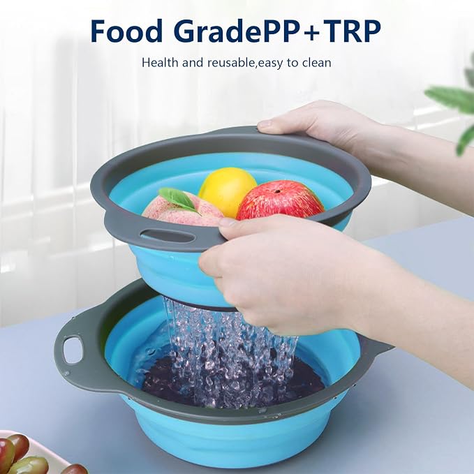 Collapsible Colander Set of 3, Space-Saving Silicone Strainers with Handles, Heat Resistant Food Draining Baskets for Vegetables, Fruits, Pasta, Kitchen, RV & Camping Use (Blue)