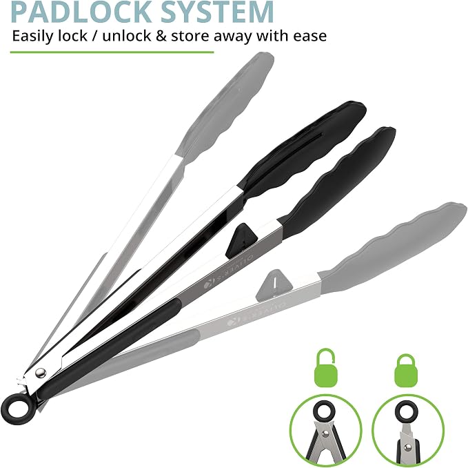 Oliver's Kitchen ® Tongs - 2x Food Safe Silicone Cooking Tongs - Locking Clip for Easy Storage - Great for BBQ - Easy To Use & Grip Kitchen Tongs - Stylish Stainless Steel Design