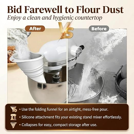 Upgraded Silicone Flour Funnel for KitchenAid Mixers, Foldable Longer Thickened Pour Baking Attachment Accessory, Fits KitchenAid 4.5-7QT Stand Mixer KSM150, Dishwasher Safe(White)