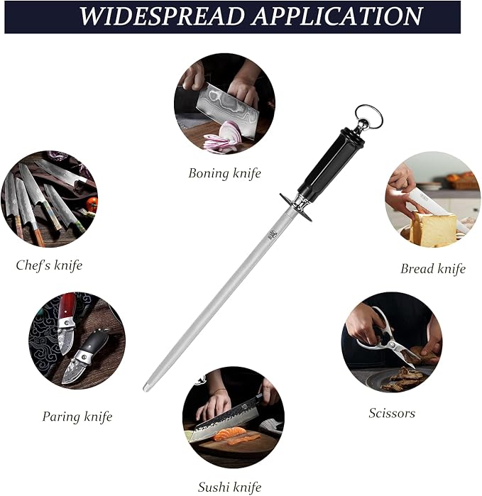 MITSUMOTO SAKARI 10-Inch Flat Diamond Knife Sharpening Rod, ABS Handle | Flat diamond surface for broader blade contact, high carbon steel rod, ABS handle and built-in magnet