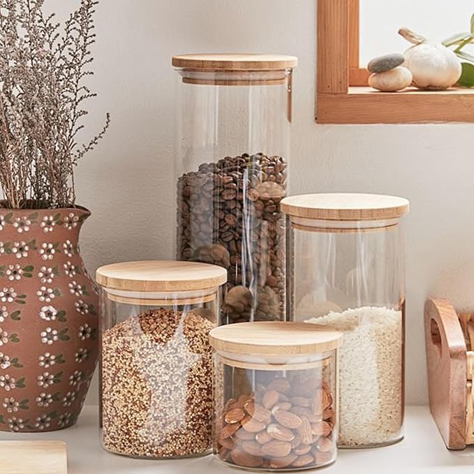 SHOWIN Glass Food Storage Jars, Glass Jars with Bamboo Lids, Kitchen Storage Jars, Canisters with Airtight Lids for Spice, Coffee, Cookie, Set of 5, Pantry Organizers