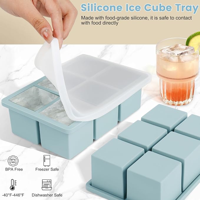 Large Silicone Ice Cube Tray 3Pack, SAWNZC Big Square Ice Cube Molds for Whisky Cocktail, Ice Maker Tray with Lid for Freezer, Easy Release (3, Blue+Green+Purple)