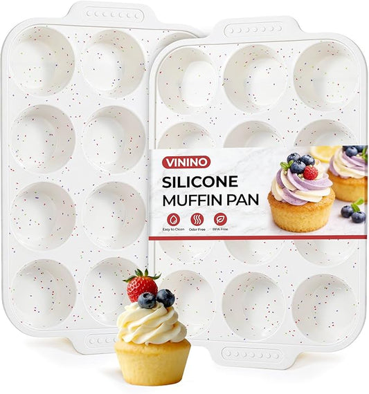 Vinino Silicone Muffin Pan with Reinforced Frame, Nonstick Cupcake Pan | Regular Size Silicone Muffin Pan for Baking with Non-Slip Handle, 2-Pack Muffin Tray for Oven, BPA Free, Dishwasher Safe