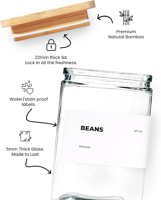 Glass Storage Jars with Bamboo Lid, glass canisters with airtight lids, Clear jars with lids for Spice, Cookie, Candy, Tea, Coffee Bean and Rice (White, 26 oz, Set of 6)
