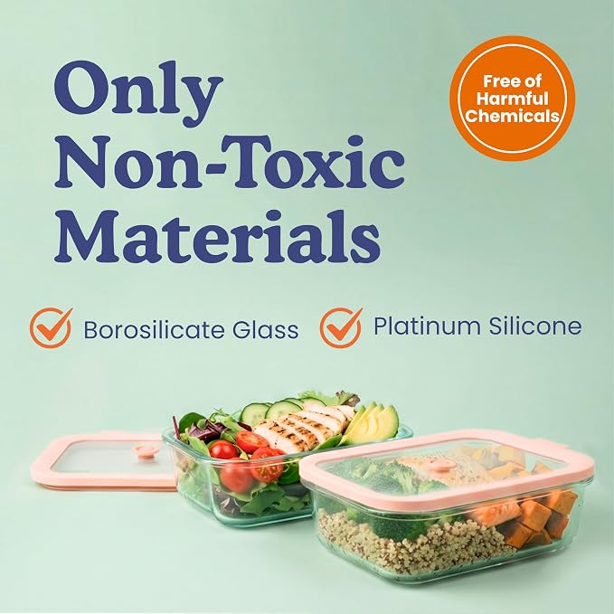 Non-Toxic Glass Food Containers with Lids, 4-Pack, 35 oz, Airtight, Gray | Plastic & BPA free. Glass body, glass lid & platinum silicone seal. Airtight & leakproof. Freezer & microwave safe.